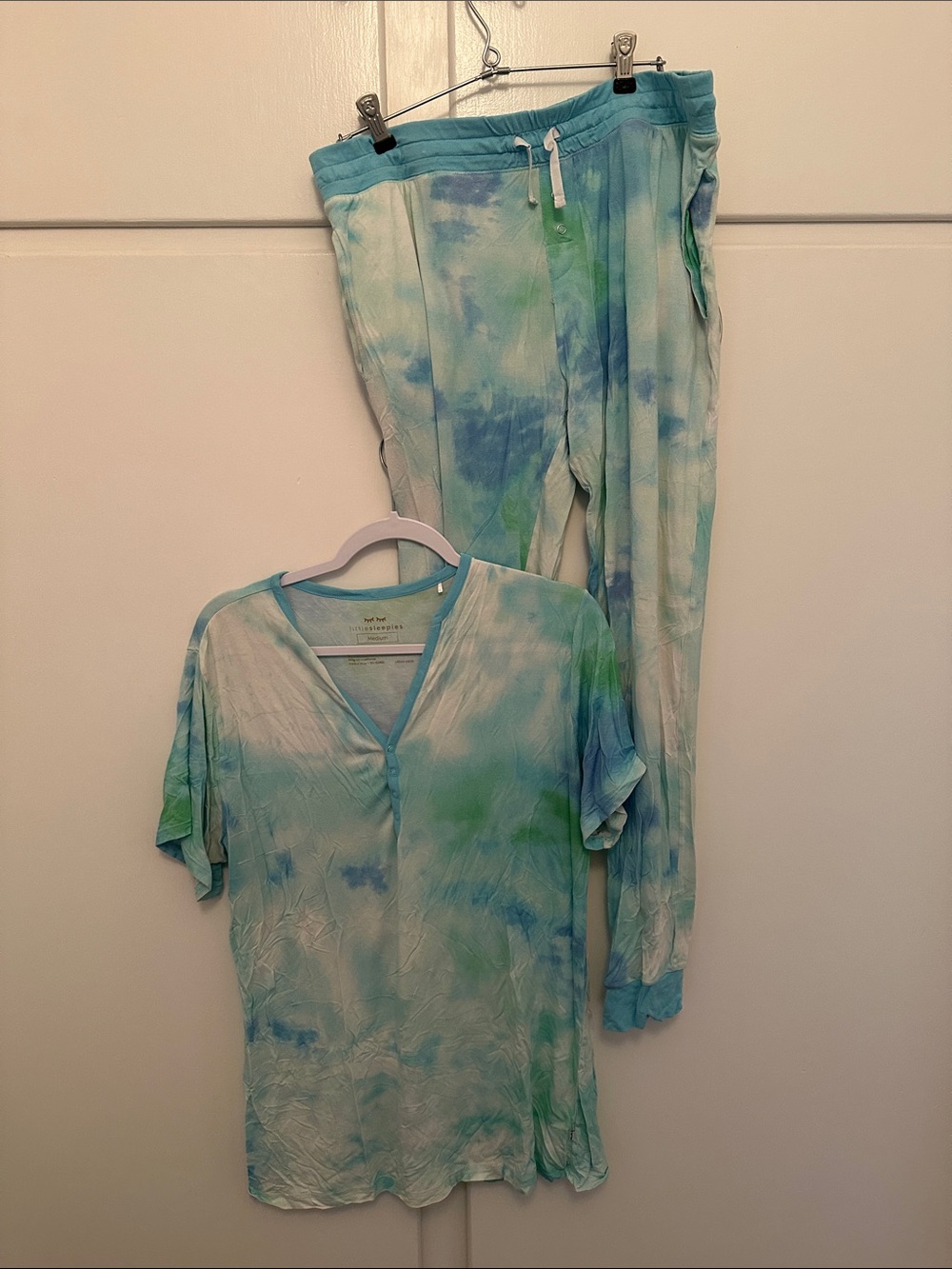 EUC Little Sleepies Women’s Blue Green White Tie-Dye Soft Mom Pajamas PJ